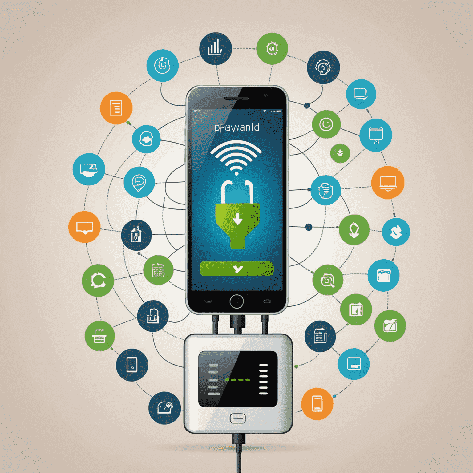 Image représentant le processus de recharge mobile avec un smartphone et des icônes de paiement